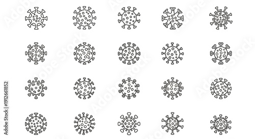 Set of Hand-Drawn Coronavirus Icons, Viral Particles, Microbe Illustrations