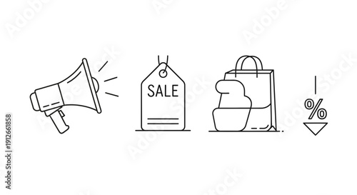 Set of icons: megaphone, sale tag, shopping bag, discount symbol. Online shopping and marketing concept.