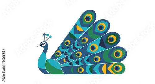 Stylized Peacock Illustration with Colorful Fanned Tail Feathers