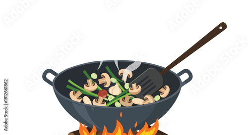 Healthy cooking: fresh mushrooms, green onions, garlic stir-fried in a hot wok over open flame. Spatula mixing for a quick, delicious, wholesome,