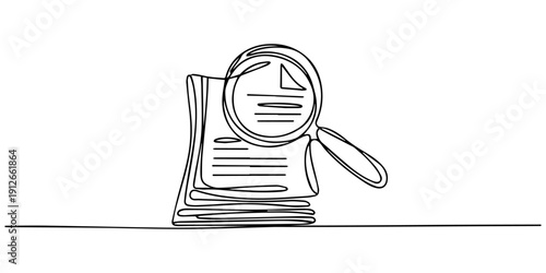 Document with magnifying glass vector, one line drawing, editable stroke research paper concept, One continuous line drawing of magnifying glass and document, Business analysis concept, continuous