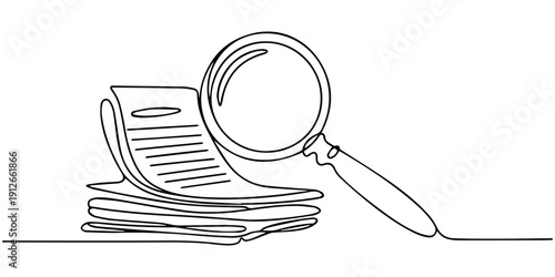Document with magnifying glass vector, one line drawing, editable stroke research paper concept, One continuous line drawing of magnifying glass and document, Business analysis concept, continuous
