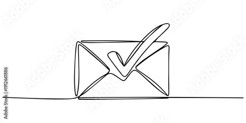 Open envelope with check mark continuous one line drawing. Receive message concept. Email message sending. Vector illustration isolated on white, Continuous one line drawing of Opened envelope