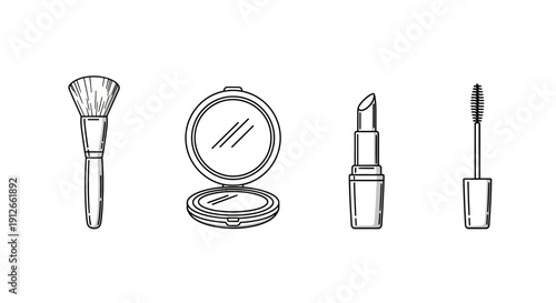 Set of makeup items: brush, compact powder, lipstick, mascara. Line art illustration.