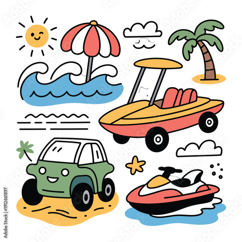 Seaside Summer Fun: A cheerful cartoon illustration brings the beach to life with iconic summer elements. It includes a playful sun, crashing waves, a colorful umbrella, palm tree,  boat, and jet ski.