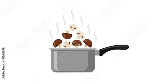 Flat design illustration of various mushrooms gently simmering in a modern grey saucepan, emitting visible steam, signifying healthy cooking and