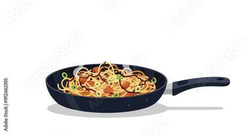Vibrant illustration of wok-tossed noodles with fresh greens and savory components in a sleek dark pan