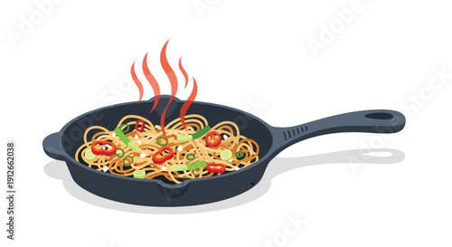 Sizzling Stir-Fried Noodles with Fresh Vegetables and Chili in a Hot Pan Freshly Cooked Asian Cuisine Illustration