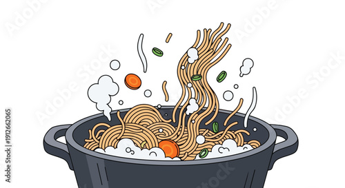 A vibrant illustration depicting noodles and vegetables actively swirling and steaming from a cooking pot, symbolizing dynamic food preparation and