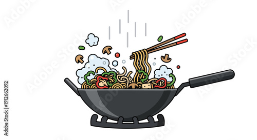 Dynamic vector art of hot stir-fry, delicious noodles and fresh vegetables actively tossed by chopsticks in a steaming wok, representing quick,