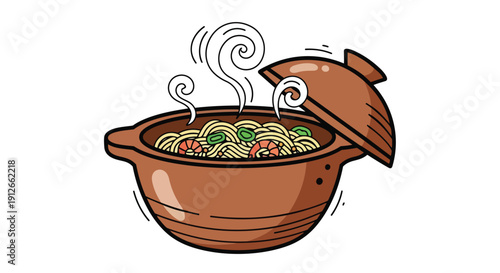 Vector illustration of a steaming bowl of hot noodles in a rustic earthenware pot, featuring savory shrimp and green toppings, evoking comforting