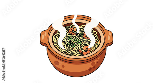 The image depicts a steaming bowl of delicious noodles with succulent shrimp and vibrant green scallions served in a traditional rustic earthenware