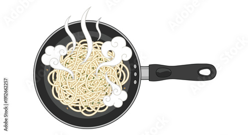 Clean vector art showing steaming golden noodles in a black frying pan This graphic embodies warm comfort food and delicious freshly prepared meals