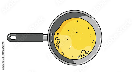 Overhead view of a cooking pan filled with golden, simmering liquid, perfect for illustrating breakfast meals, culinary preparations, or kitchen