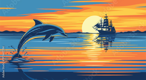 Dolphin jumping in front of sailing ship at vibrant sunset