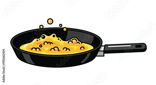 Vibrant cartoon illustration of a bubbling golden liquid in a sleek black frying pan, showcasing dynamic cooking processes with bright yellow hues