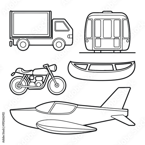 Transportation Icons: A collection of simple, black-and-white icons representing various modes of transportation, ideal for design elements. 