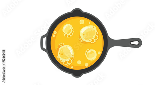 Vibrant top-down illustration of a hot cast iron skillet filled with a bright yellow liquid, featuring distinct bubbling formations indicating