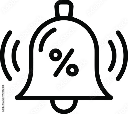 Black and white line art icon of a ringing bell with a percentage symbol inside it