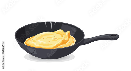 A freshly cooked golden pancake sizzling gently in a dark non-stick skillet, a delightful breakfast staple being prepared for a warm, comforting