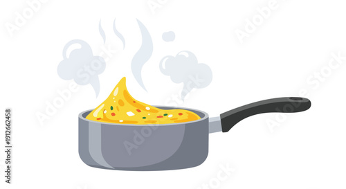 A vibrant yellow culinary creation enthusiastically bubbling in a modern grey saucepan, emitting delicate wisps of steam, symbolizing active kitchen
