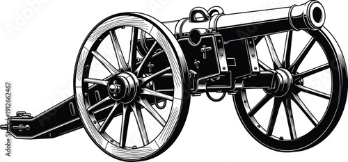Antique battlefield cannon detailed engraving style illustration, vintage military artillery with wooden wheels vector design