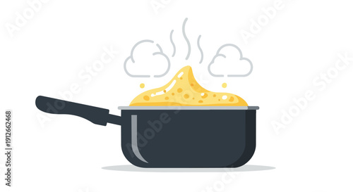 Vibrant flat illustration showing a black saucepan with yellow liquid vigorously boiling and overflowing, steam rising in a dynamic culinary scene