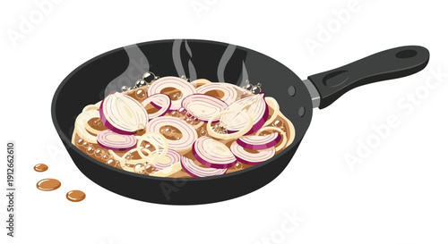 Sizzling aromatic onions caramelizing in a hot skillet, a delightful culinary preparation in progress for enhancing many savory dishes.