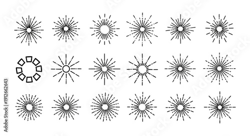 sunburst and starburst vector icons featuring various radial designs and a loading spinner for ui ux and graphic design.