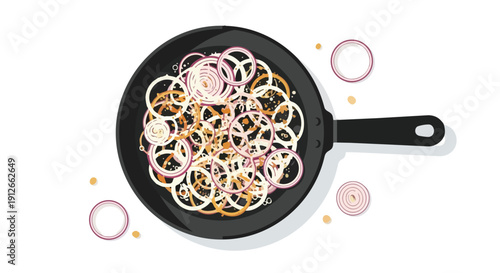 Culinary illustration of onion slices in a pan a delightful cooking scene showcasing fresh ingredients for a savory meal preparation with vibrant