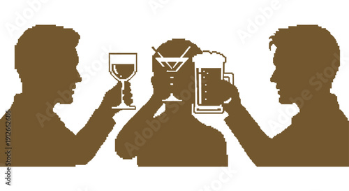 three pixelated mens silhouettes toasting with wine martini and beer glasses symbolizing friendship celebration and retro nightlife.