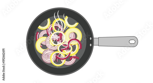 Overhead culinary illustration of vibrant red and yellow onion slices simmering gently in a dark frying pan, with subtle steam rising. Depicts