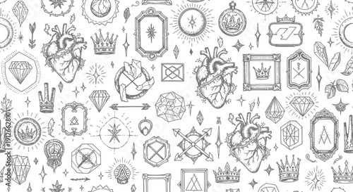 seamless mystical pattern with anatomical hearts sacred geometry crowns and diamonds ideal for spiritual or bohemian designs.