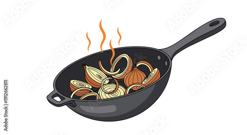 Illustration of aromatic golden brown onions gently caramelizing in a hot black cast iron skillet emitting subtle steam preparing for a delicious
