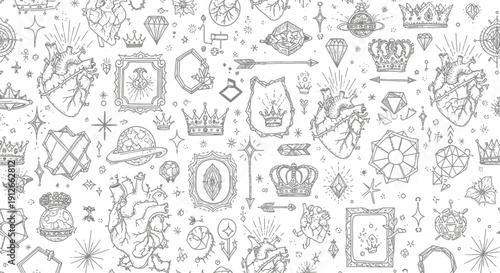 seamless pattern with hand-drawn anatomical hearts royal crowns sparkling diamonds and mystical symbols ideal for gothic fantasy backgrounds.