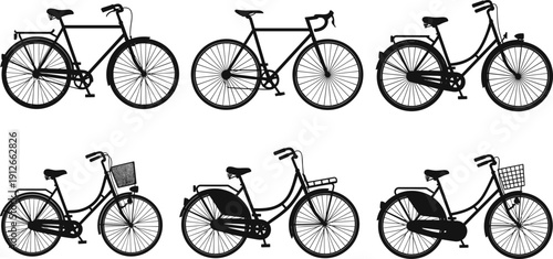 Bicycle silhouettes collection featuring road bike, city bike, vintage cruiser and basket bicycles vector illustration set