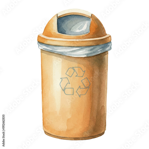 Trash Bin for Household Waste, Home Cleanliness Concept, Watercolor Vector Illustration Isolated on White
