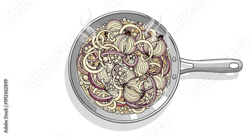 Overhead illustration of thinly sliced white and red onions simmering in a pan, producing steam.