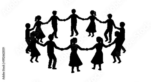 silhouettes of people holding hands in a joyful circle dancing on white illustrating unity community and human togetherness.