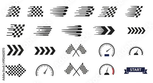 speed and racing icons set checkered flags speedometers motion arrows for sports progress and achievement graphic design.