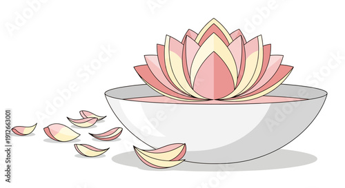 Pink Lotus Flower Floating in Water Bowl with Petals