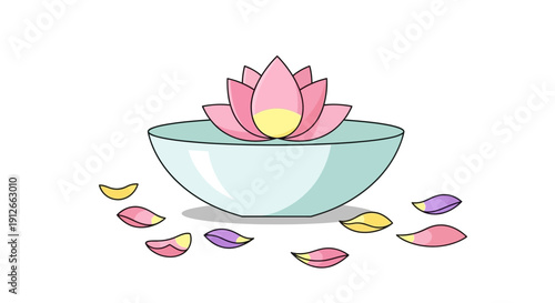 Pink Lotus Flower Floating in Water Bowl with Petals
