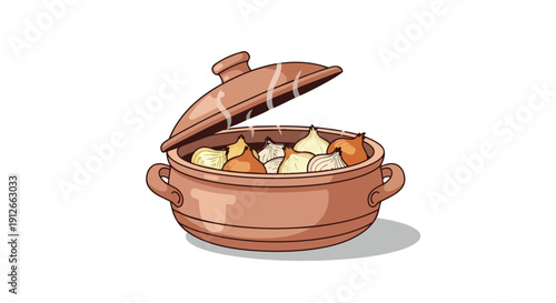 Earthenware Pot with Steaming Onions Ready for Culinary Delights