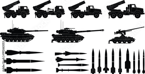 Military artillery silhouettes featuring rocket launcher trucks, battle tanks, missiles and ammunition collection vector illustration set