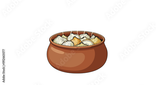 Rustic ceramic pot overflowing with fresh garlic bulbs ideal for cooking aromatic meals a versatile culinary ingredient illustration on a pristine