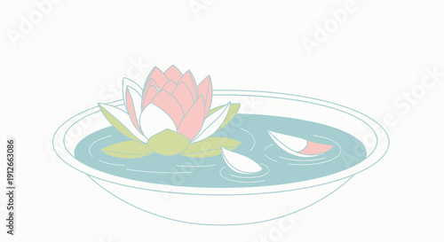 Zen Water Lily Flower Floating in Bowl with Petals, Spa Relaxation