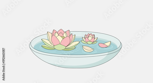 Serene Lotus Flowers Floating in Water Bowl, Spa, Zen, Meditation