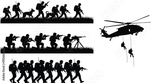 Military soldiers silhouettes with rifles and dogs, tactical patrol unit, sniper team and helicopter rescue vector illustration