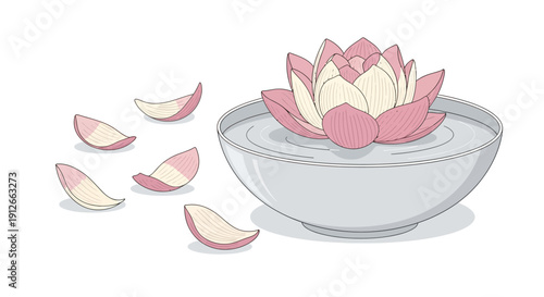 Pink Lotus Flower Floating in Water Bowl with Petals