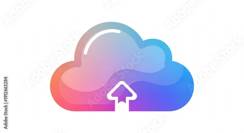 Cloud computing concept with gradient colors and upload icon on white background for technology and data storage